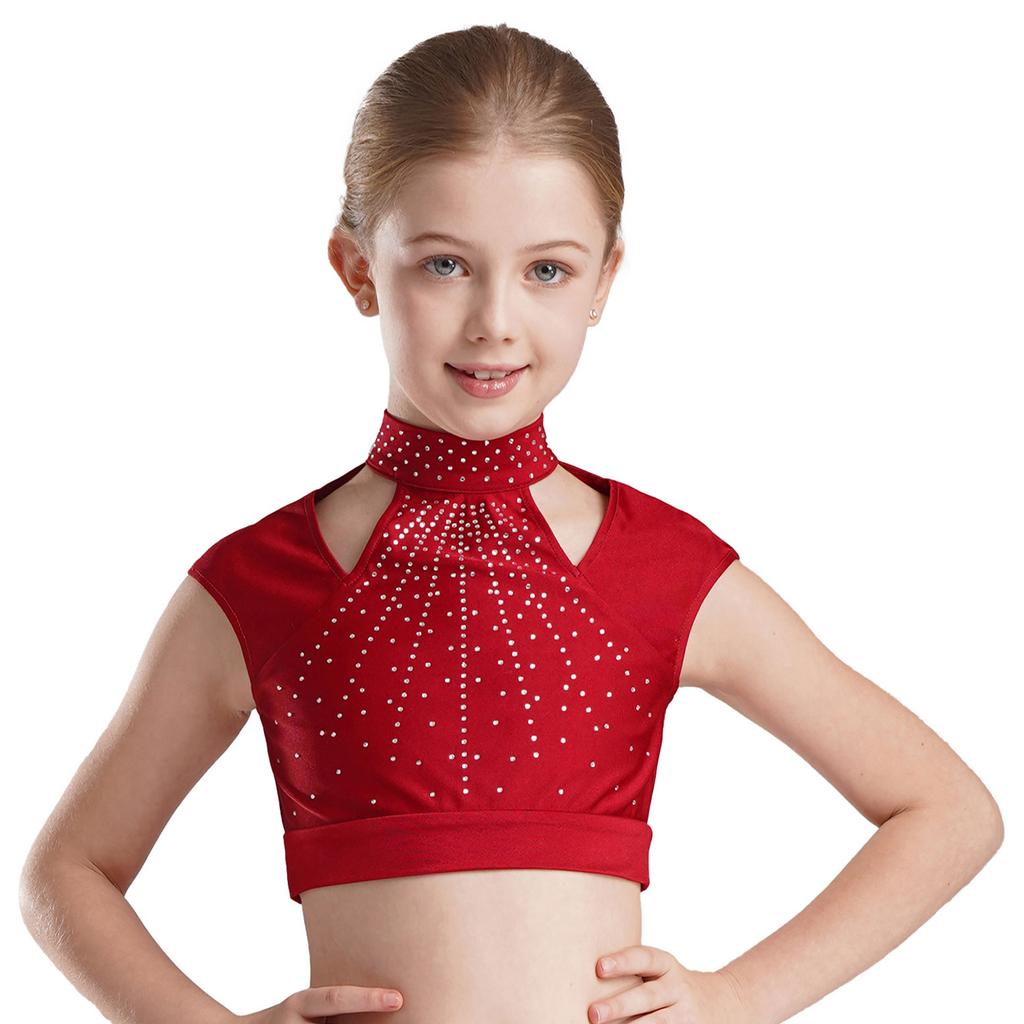 Girls Sleeveless Crop Top Shiny Rhinestones Cutout Design for Figure Skating Dance Gymnastics Performance Wear