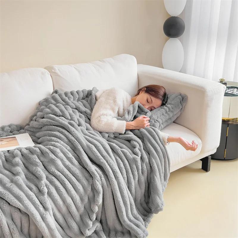 New Imitation Rabbit Plush Warm Blanket Set Or Only Blankets For Autumn Winter Soft Fluffy Warmth Lounger Sofa Throw Blankets