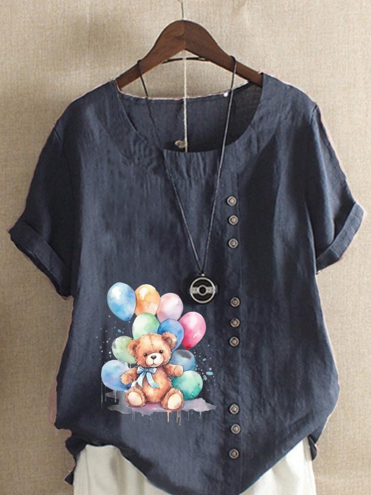 Women's Fashion Bear Print Round Neck Short Sleeve T-shirt Summer Casual Cotton Linen Graphic Shirt Leisure Loose Blouse Tops