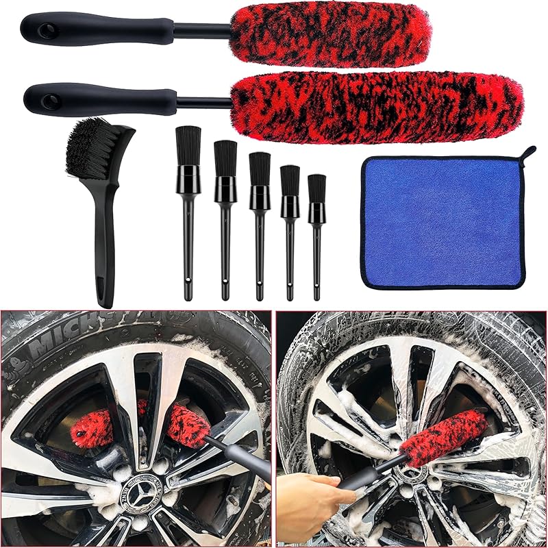 9Pcs Wheel Tire Brush Set - Cleaning Brushes For Wheels, Tires, Rims & Spokes