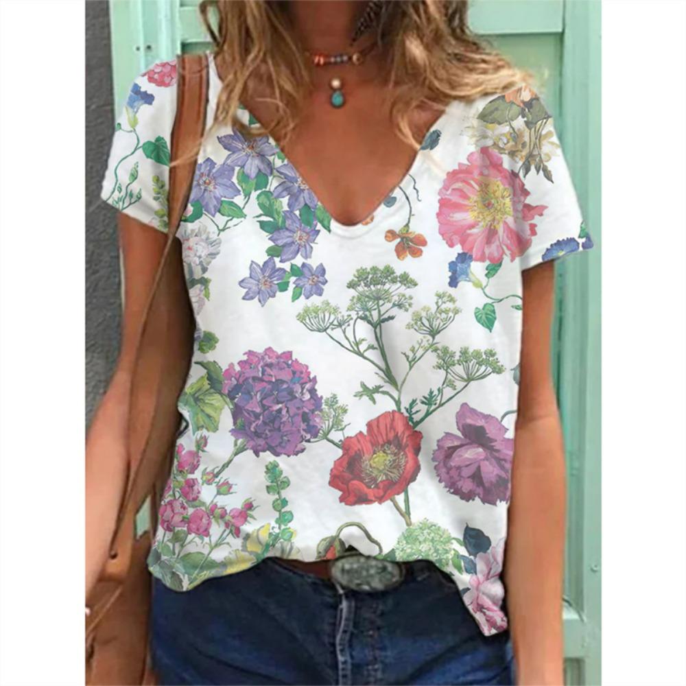 Новая футболка с цветочным принтом 3D, женская футболка с V-образным вырезом и коротким рукавом, топы Y2k, уличная одежда, футболки больших размеров в стиле Харадзюку, женская одежда