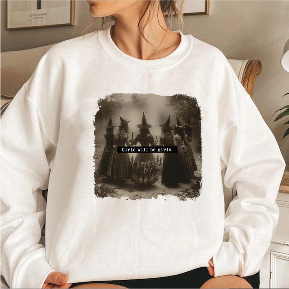 Свитшот «Girls Will Be Girls Witch» с изображением феминистской ведьмы, толстовки с капюшоном, винтажный свитшот на Хэллоуин, женские пуловеры, ведьминская одежда