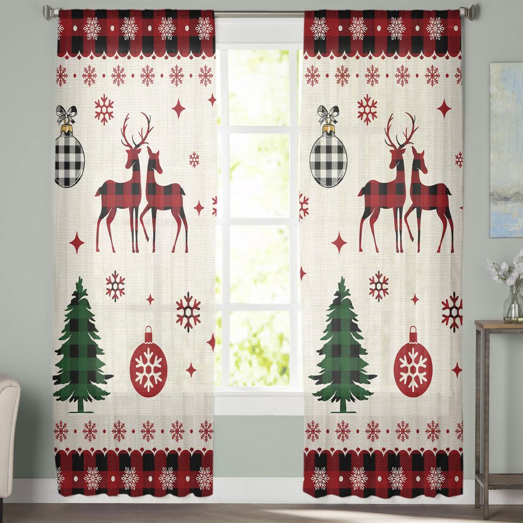 Christmas Window Curtain Snowflake Elk Tulle Curtain Sheer Valances Curtains For Living Room Home Decoration Drape Panel