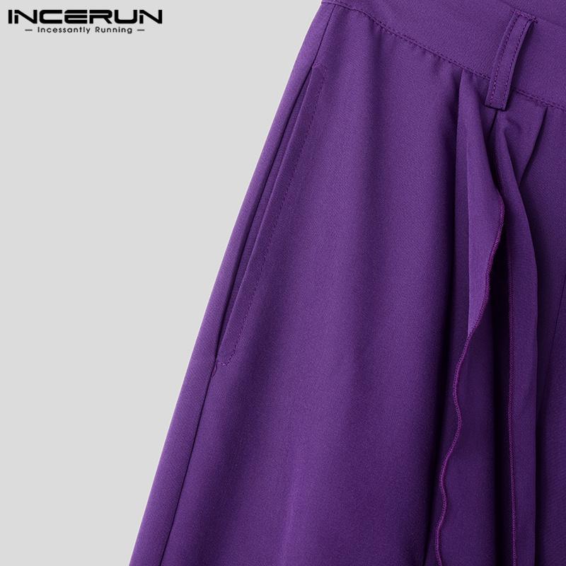 INCERUN Men High Waist Ruffled Layers Trousers Zipper Up Casual Long Pants