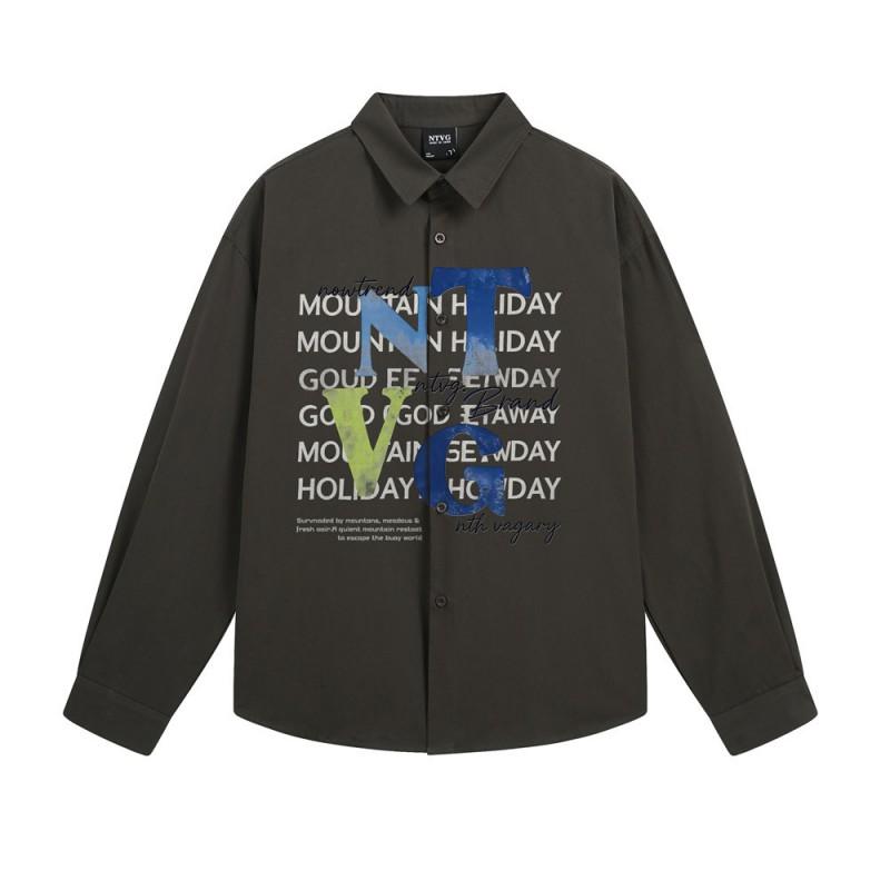 Mens Long Sleeve Shirt Graphic Letter Print Loose Fit Street Style Casual Button Up