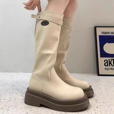 Французские ботинки женские осенние новые модные универсальные ретро на толстой подошве, но тонкие до колена