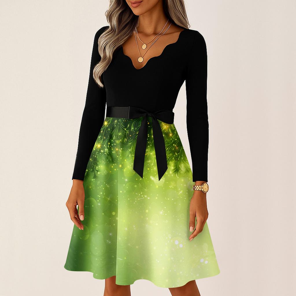 Женские повседневные модные длинные платья с рождественским графическим принтом и длинными рукавами в винтажном стиле