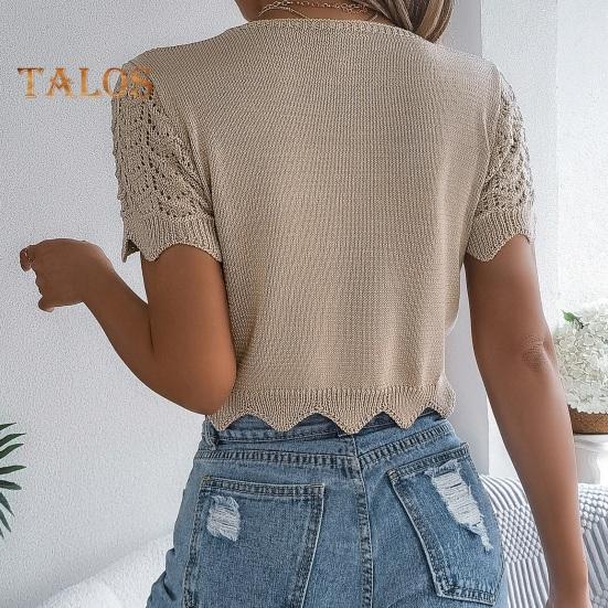 Women Crochet Tops Short Sleeve Lace-up Hollow Design Knitting Tops Sun Protection Summer Vacation Tops