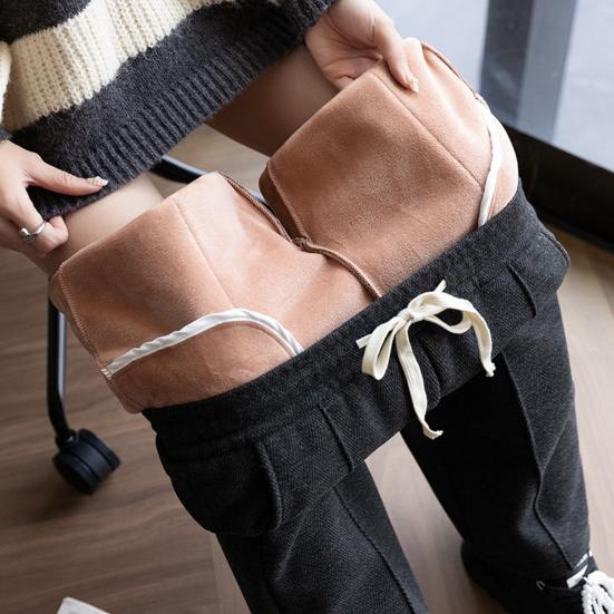 Женские зимние брюки, эластичные, с завязками на талии, прямые, широкие, длинные брюки с карманами, утолщенная бархатная подкладка, теплые брюки