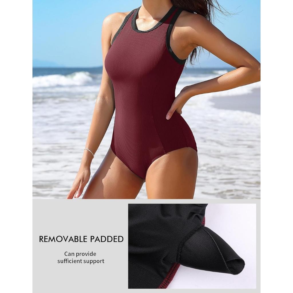 CHARMLEAKS Women One Piece Swimsuit Zipper Back Ribbed Swimwear Sporty Racerback High Neck Bathing Suit