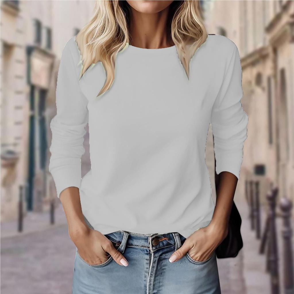 Женская повседневная модная однотонная пуловер с длинным рукавом и круглым вырезом, блузка