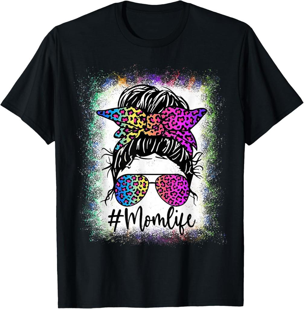 Womens Mom Life Bleached Shirt Rainbow Leopard Messy Bun Gift Unisex T-Shirt