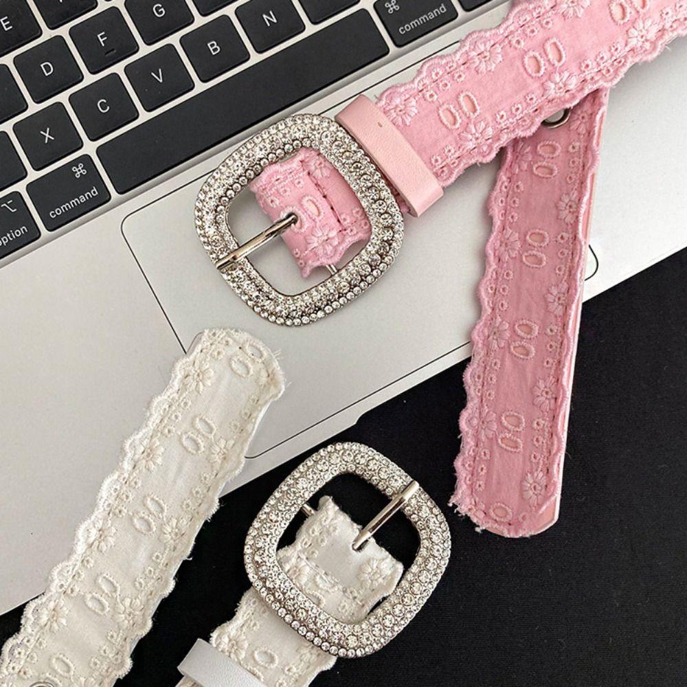 Square Buckle Rhinestone Belt PU Leather Women Waistband Vintage Lace Belt Female