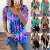 Summer Women's Tops V-neck Zipper Pullover Print Short-sleeved Loose T-shirt