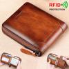 Genuine Leather Wallet For Men RFID Blocking Bifold Zipper Wallets Top Layer Cowhide Multi Function ID Credit Card Holder Coin Bag