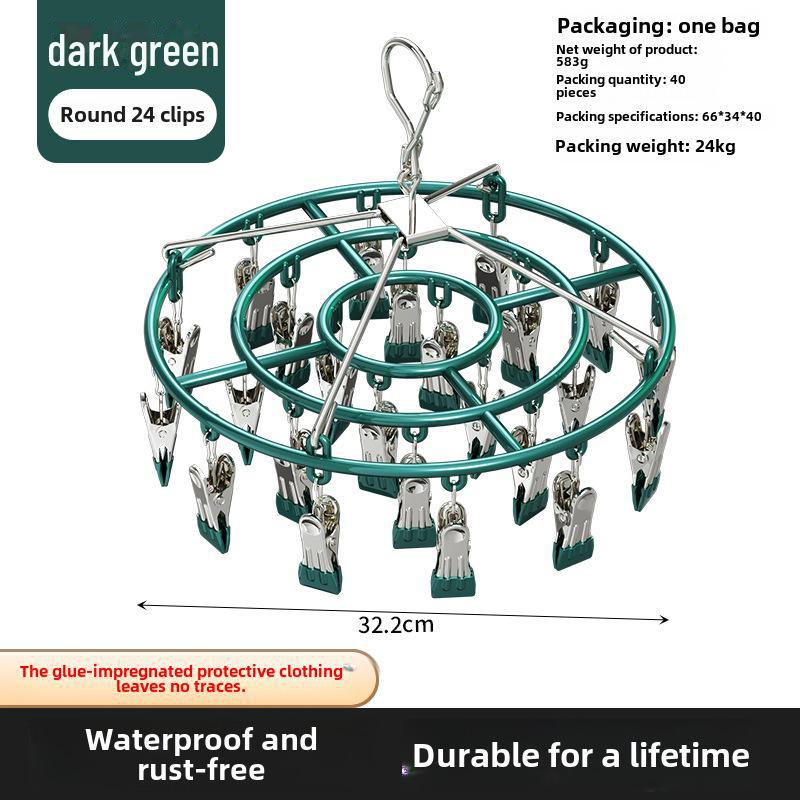 Plastic Dipped 24-Clip Round Sock and Underwear Drying Rack for Household Use