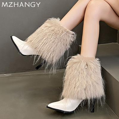 Модные меховые женские ботильоны из кожи с острым носком, модные туфли на высоком каблуке 2025 года, элегантные туфли-лодочки в готическом стиле, зимние туфли-челси Botas De Mujer