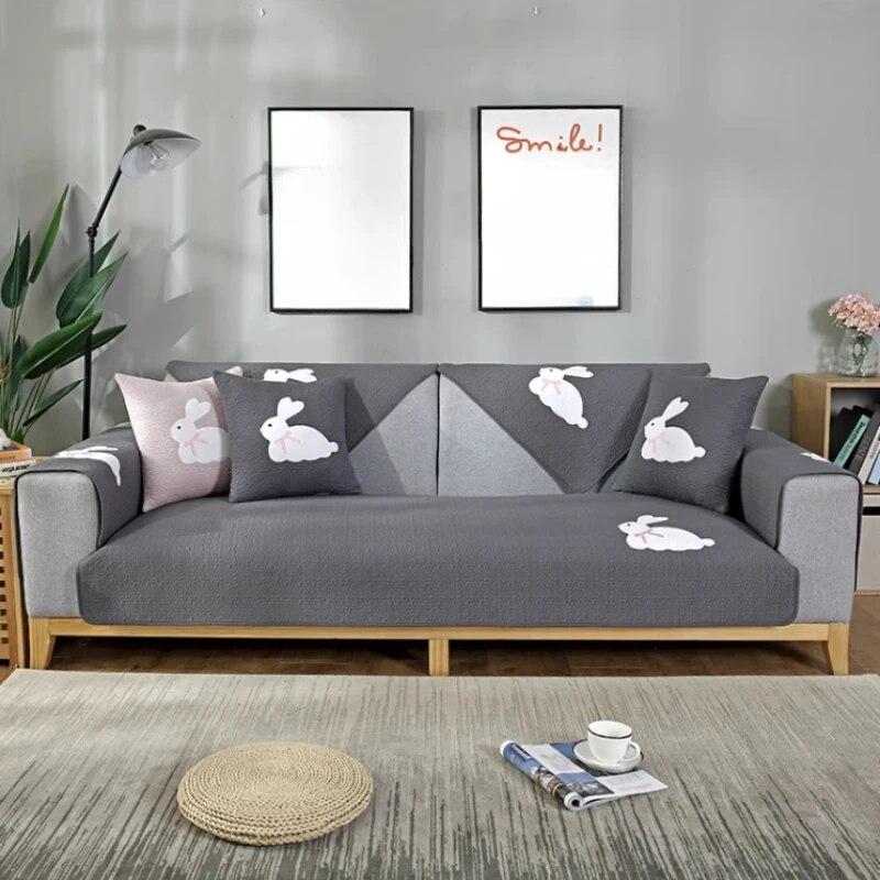Modern Simple Couch Cushion Comfortable Dustproof Non Slip Rabbit Print Sofa Towel Versatile Living Room Rabbit Decor Mats