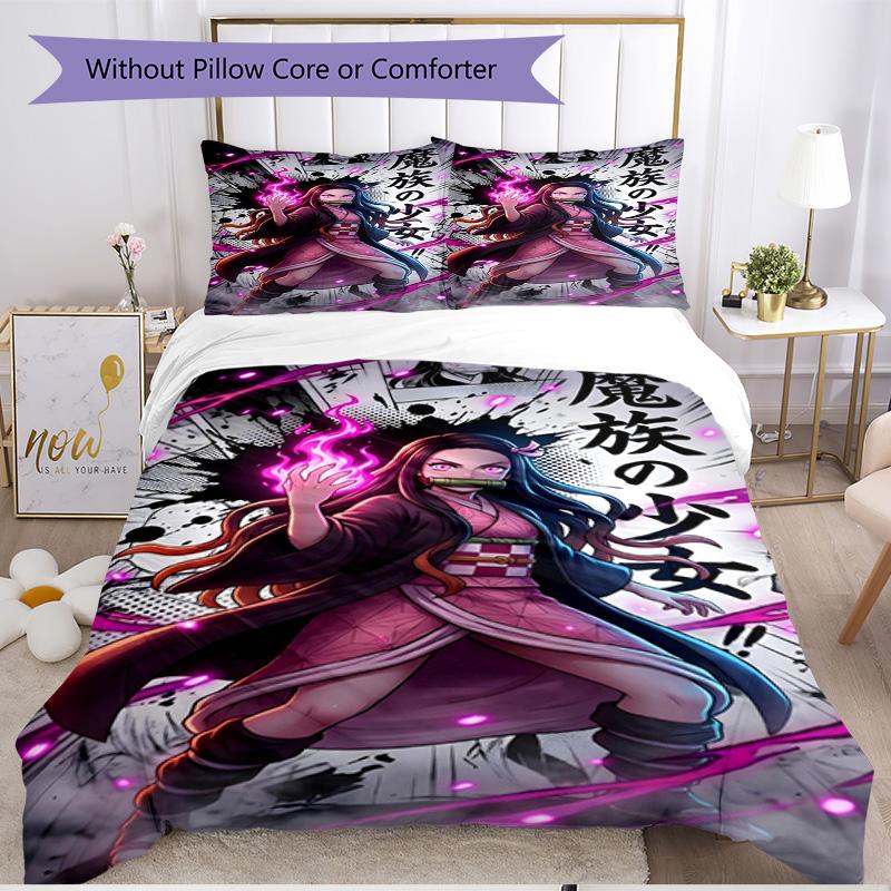 3pcs Duvet Cover Set (1*Duvet Cover + 2*Pillowcase, Without Core), Demon Slayer Print Soft All‑Season Bedding Set, Home Bedroom Decor Gift