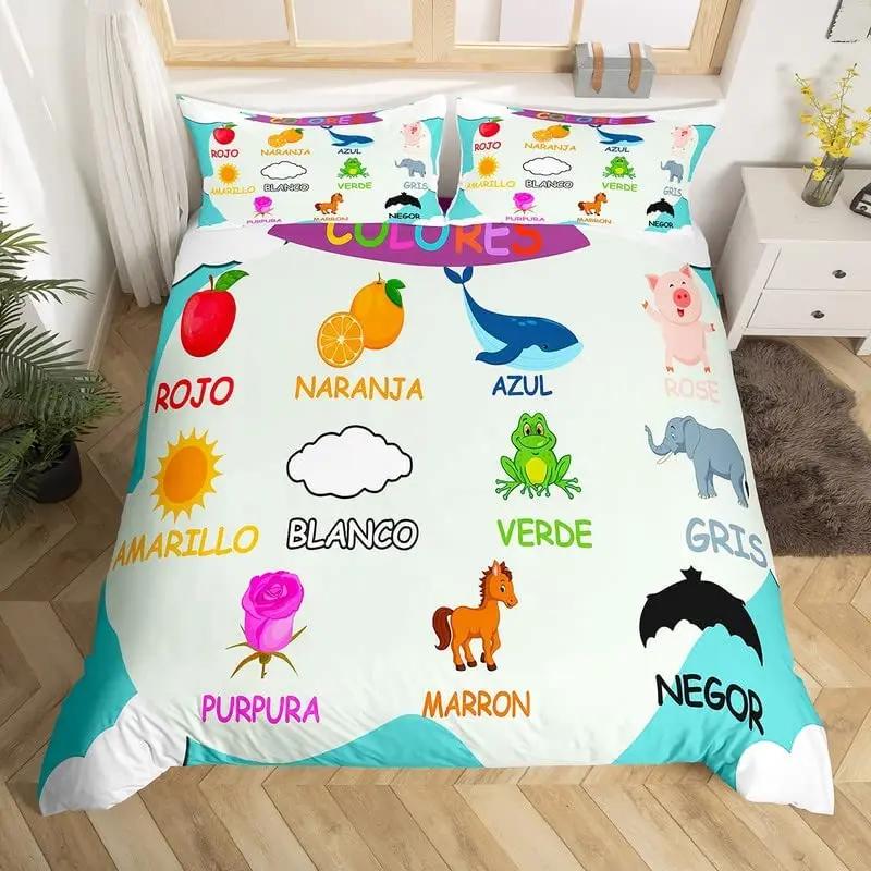 Comforter Cute Cartoon Animals Twin For Kids Boys English Alphabet Bedding Set Cute Monkey Colored Letters Comforter