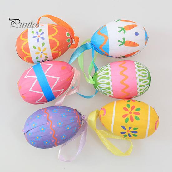 6Pcs Colorful Foam Easter Egg Hanging Decorations with Lanyard Exquisite Patterns Durable Material Simulation Egg Ornaments