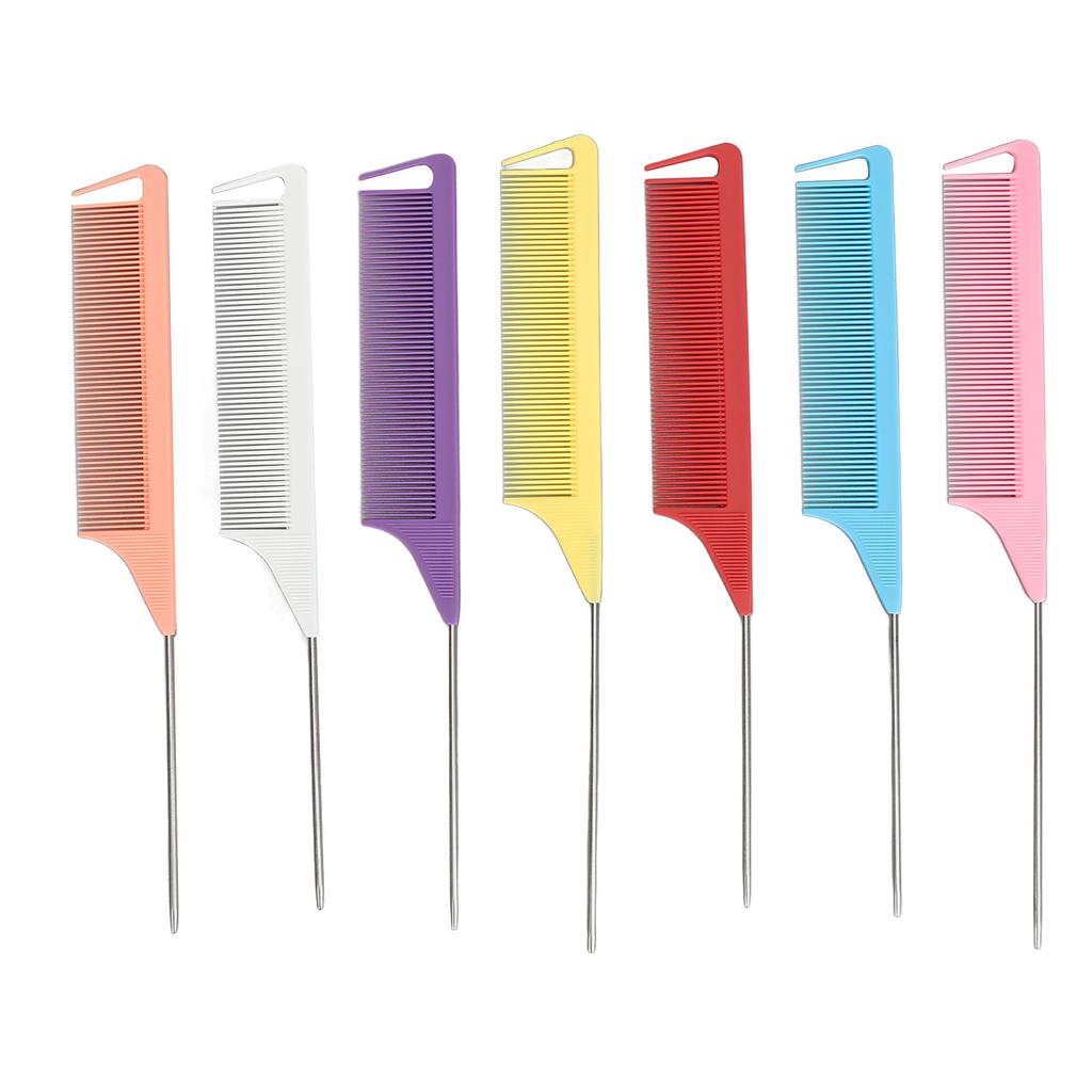 Набор расчесок с крысиным хвостом 7 цветов Парикмахерская расческа с мелкими зубьями из нержавеющей стали с хвостиком Термостойкая расческа с хвостиком для пробора