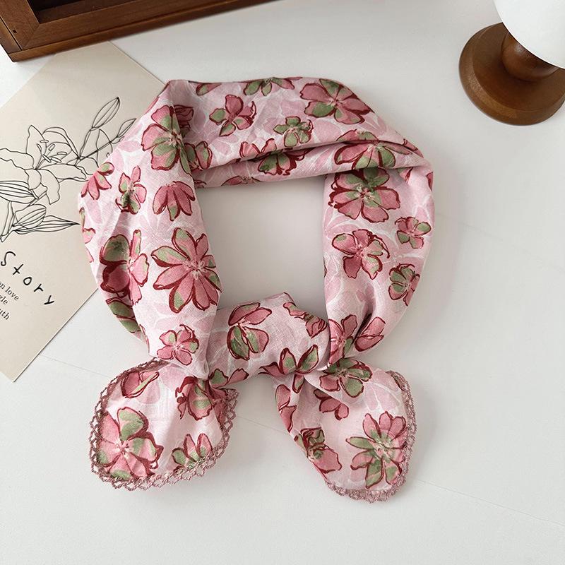 70% Cotton Linen Small Square Silk Scarf - Korean Style Floral Design for Versatile Neckwear and Decorative Use