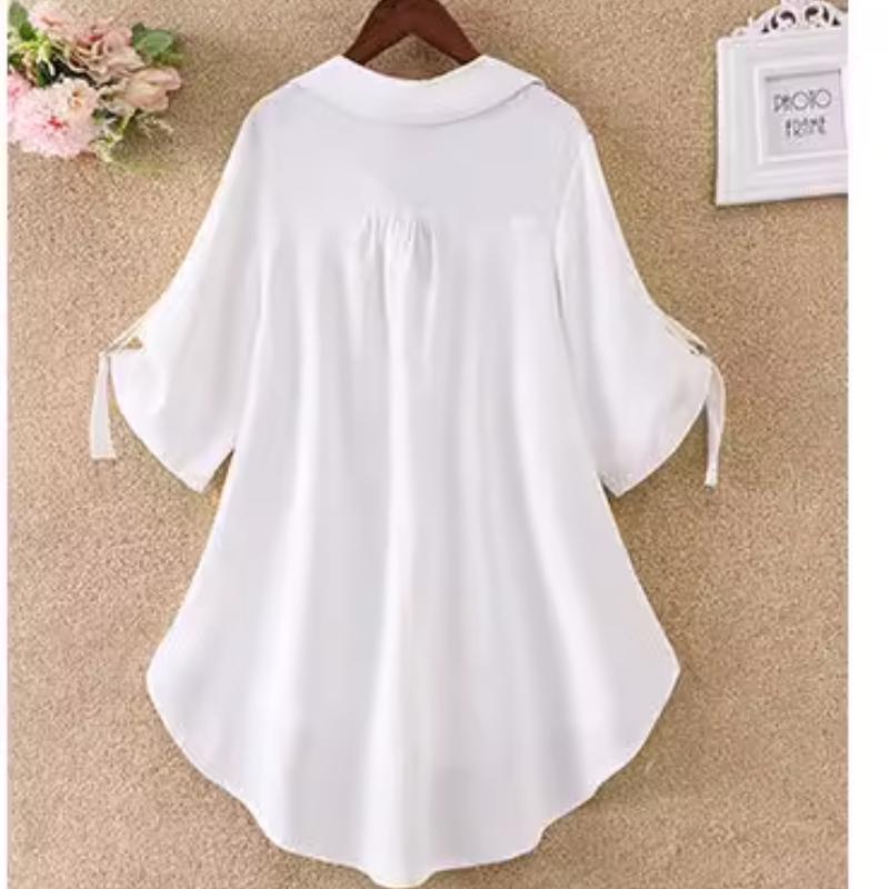 Женская летняя свободная шифоновая рубашка больших размеров средней длины с короткими рукавами, женская шифоновая рубашка для похудения талии