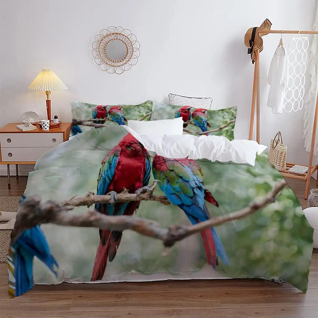 Пододеяльник Lunarable Parrots, реалистичные птицы на ветках, волнистый попугайчик и ара, декоративная тропическая дикая природа для комнаты взрослых