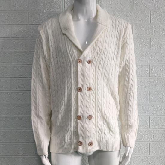 Осень-зима мужской свитер двубортный с пуговицами и лацканами, длинные рукава, скрученная текстура, однотонный, плотный, эластичный, трикотажный