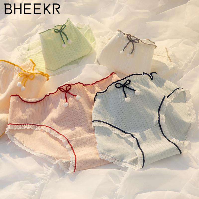 5pcs/set Hairball Bow Simple Girl Cotton Crotch Panties Female Mid-waist Sweet Student Briefs