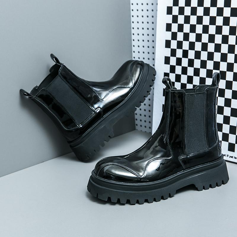 Модные деловые лакированные кожаные ботинки, ботильоны до середины голени с толстой подошвой, уличные кожаные ботинки, мужские короткие круглые ботинки