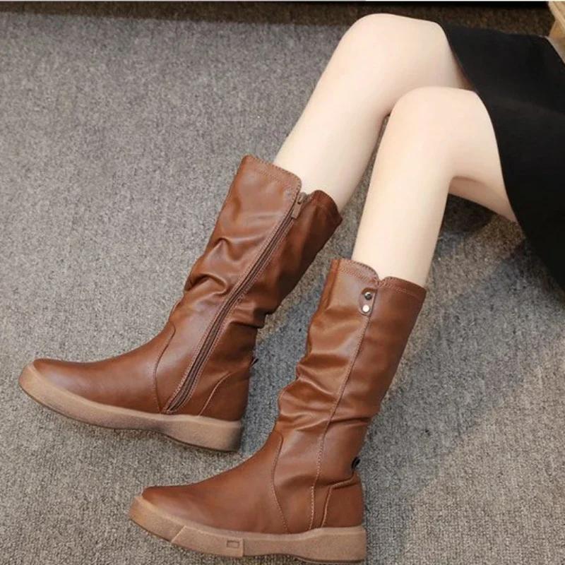 Women's Ankle Boots Side Zipper Mid Calf Thick Sole Boots Soft PU Leather Boots Fashion Womens Shoes Versatile Zapatos De Mujer