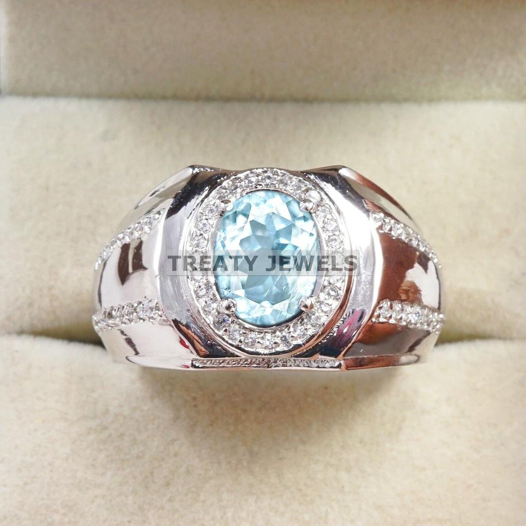 Aquamarine Oval Cut Gemstone With 925 Sterling Silver Ring For Men's #A767 JL375659118117