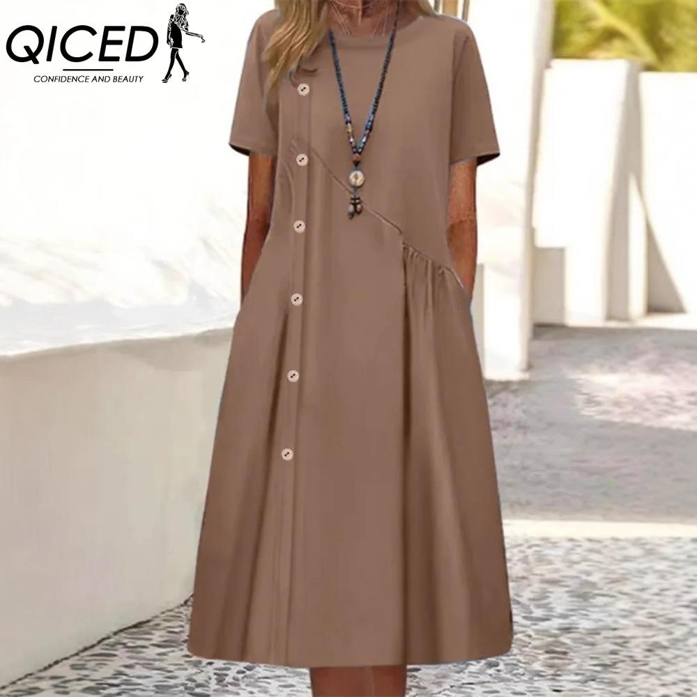 QICED Женская мода лето весна однотонный принт с коротким рукавом и круглым вырезом с высокой талией повседневные платья