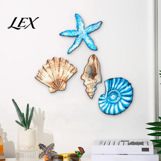 Rustic Wooden Wall Art 4Pcs/Set Shell Starfish Decor, Seashell And Conch Art, Nautical Hanging Ornaments Coastal Signs for Beach House Home