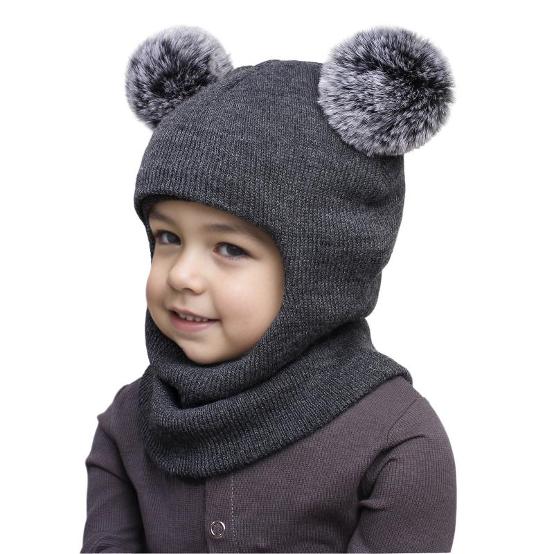 Pompom Baby Winter Hat Scarf One-piece Kids Knitted Beanie Warm Ears Neck Children Bonnet Infant Cap for Girls Boys 1-5Y