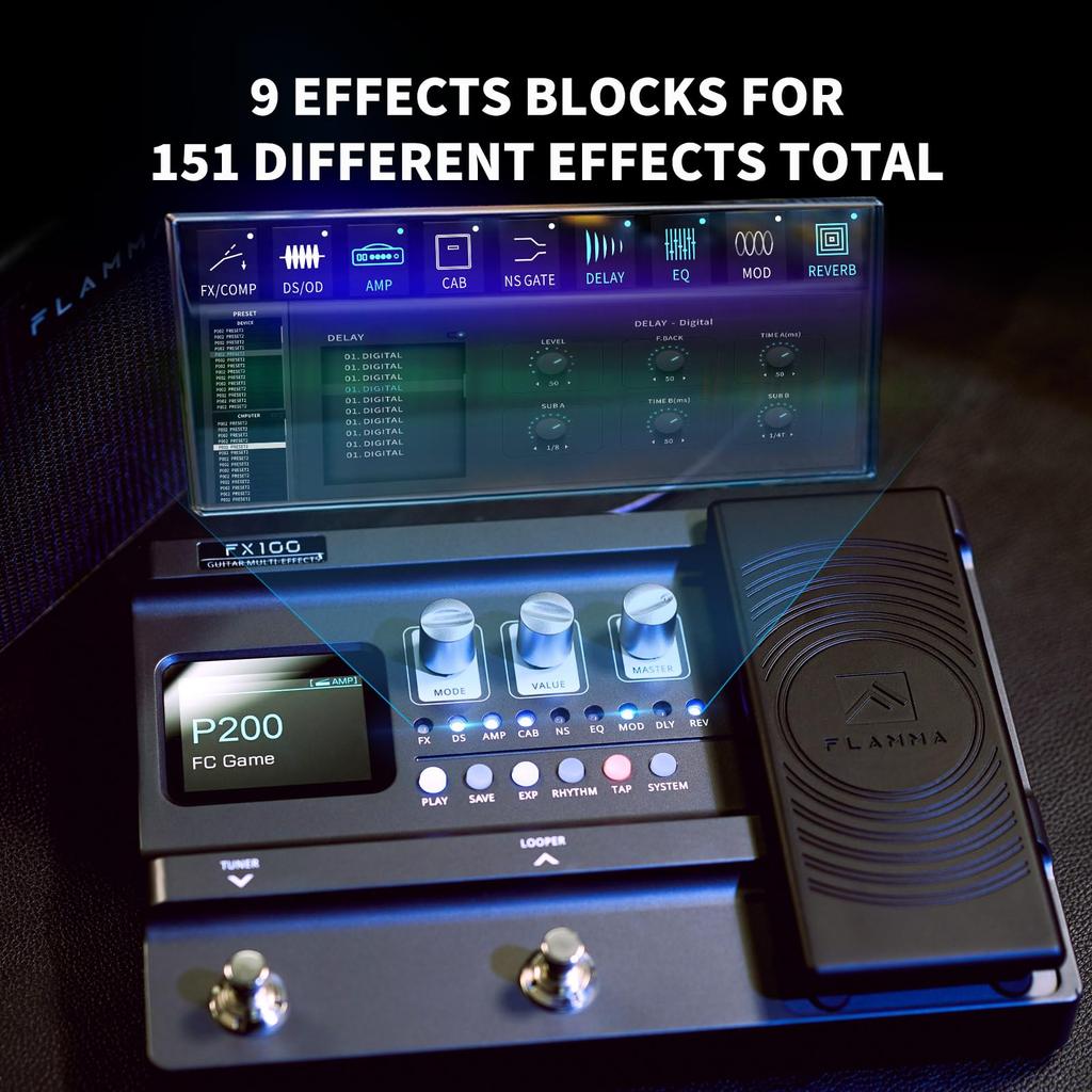 FLAMMA FX100 Guitar Pedal with 151 200 55 Amp 40 Drum and 10 Dark Gray Multi-Effects Effects, 80-Second Looper, Presets, Models, Machines, Metronomes,