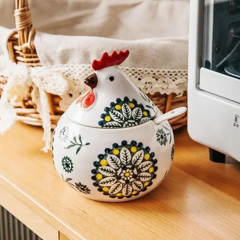 Керамическая емкость для специй в виде петуха, кухонная, бытовая, высококачественная, влагозащищенная, солонка, пряная банка с крышкой и ложкой