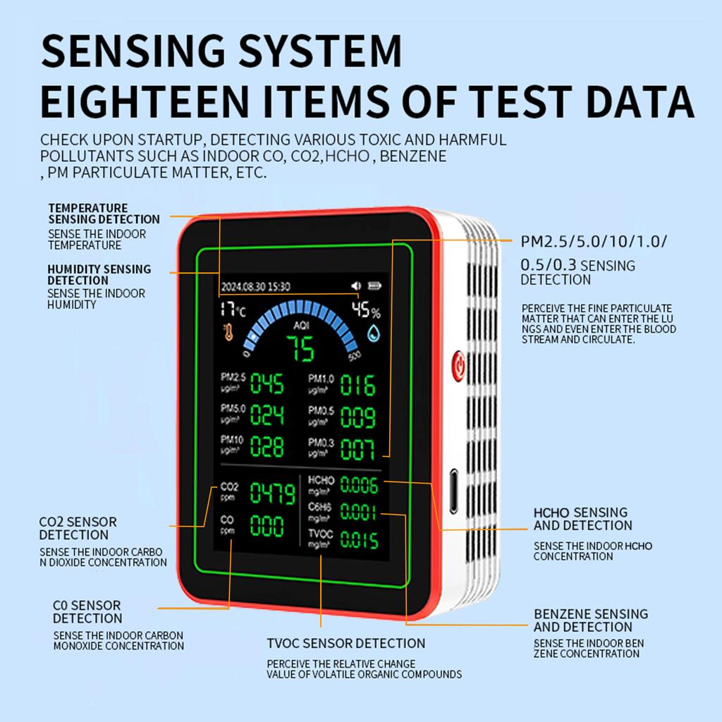18 в 1 Измеритель HCHO, Измеритель температуры и влажности с цветным экраном для дома, офиса, Обнаружение в помещении