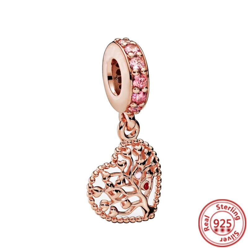 Hot Sale Rose Gold Series Pink Zircon Leaves Heart Pendant Sparkling Clip Bead Fit Charm Bracelet DIY S925 Silver Jewelry