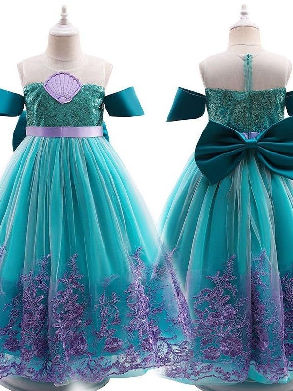 Mermaid Alice Princess Dress with Butterfly Bow Embroidery Tulle Gown for Girls Party Costume