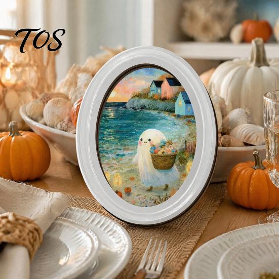 Wooden Halloween Decorations for Home Ghost Oval Photo Frame, Cute Table Sign, Decorative Framed Party Wall Decoration Picture, Creative Art