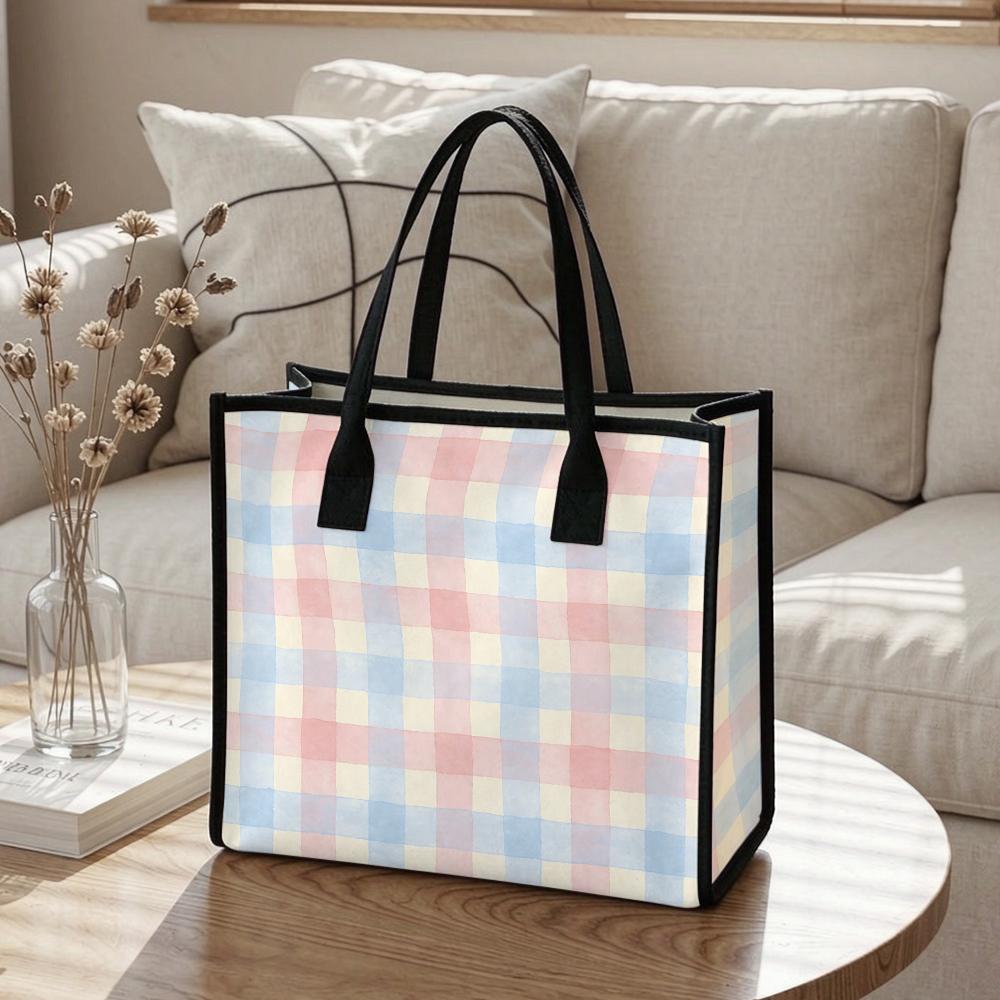 Pastel Plaid Tote Bag Casual Daily Large Capacity Shoulder Handbag for Women