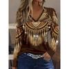 Tribal Print V Neck Long Sleeve T-shirt - Casual Spring and Fall Essential, Women's Clothing, Comfortable and Versatile Top for Daily Wear