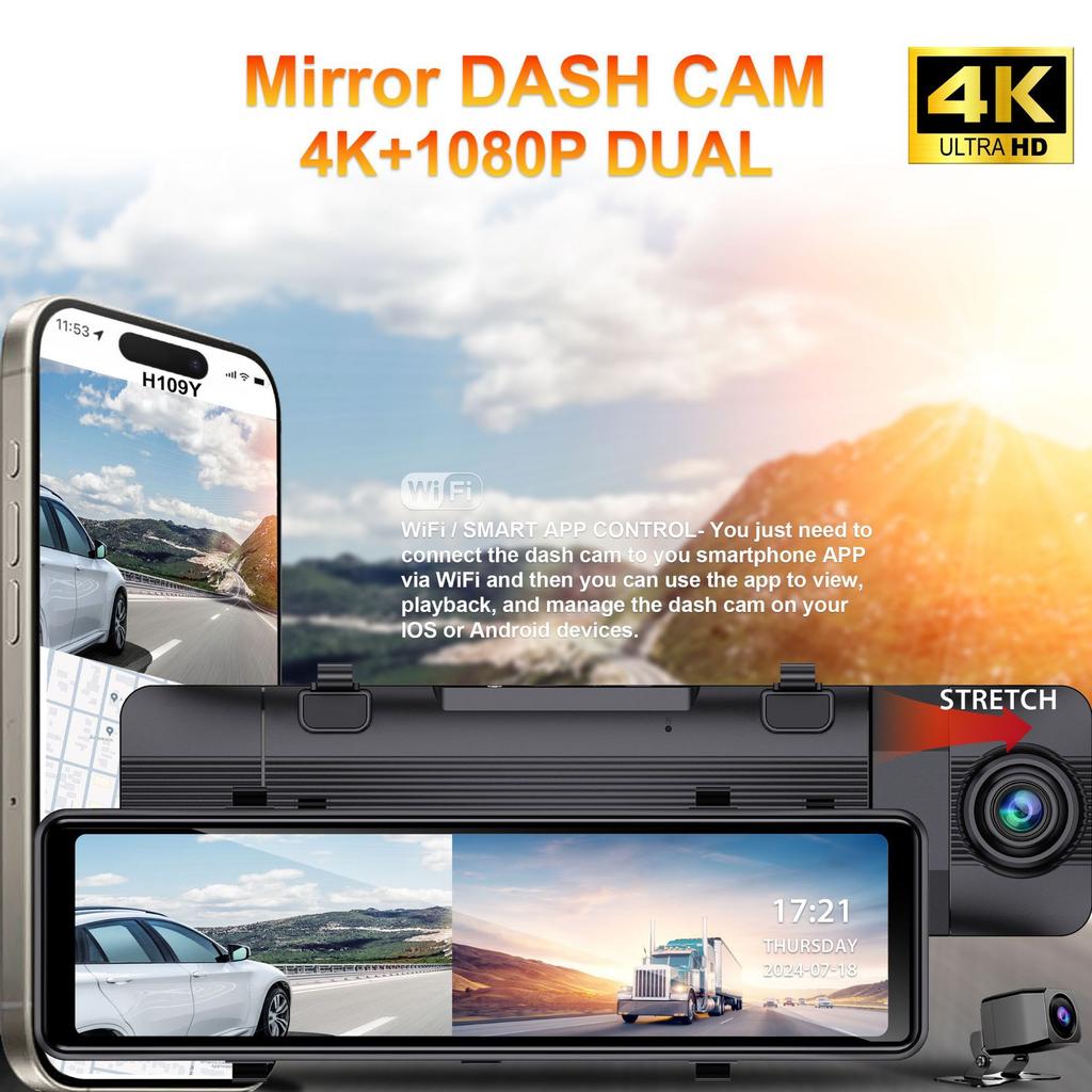 10.1-inch 4K HD WiFi Mobile Connected Driving Recorder with GPS ADAS 24-hour Monitoring Streaming Media