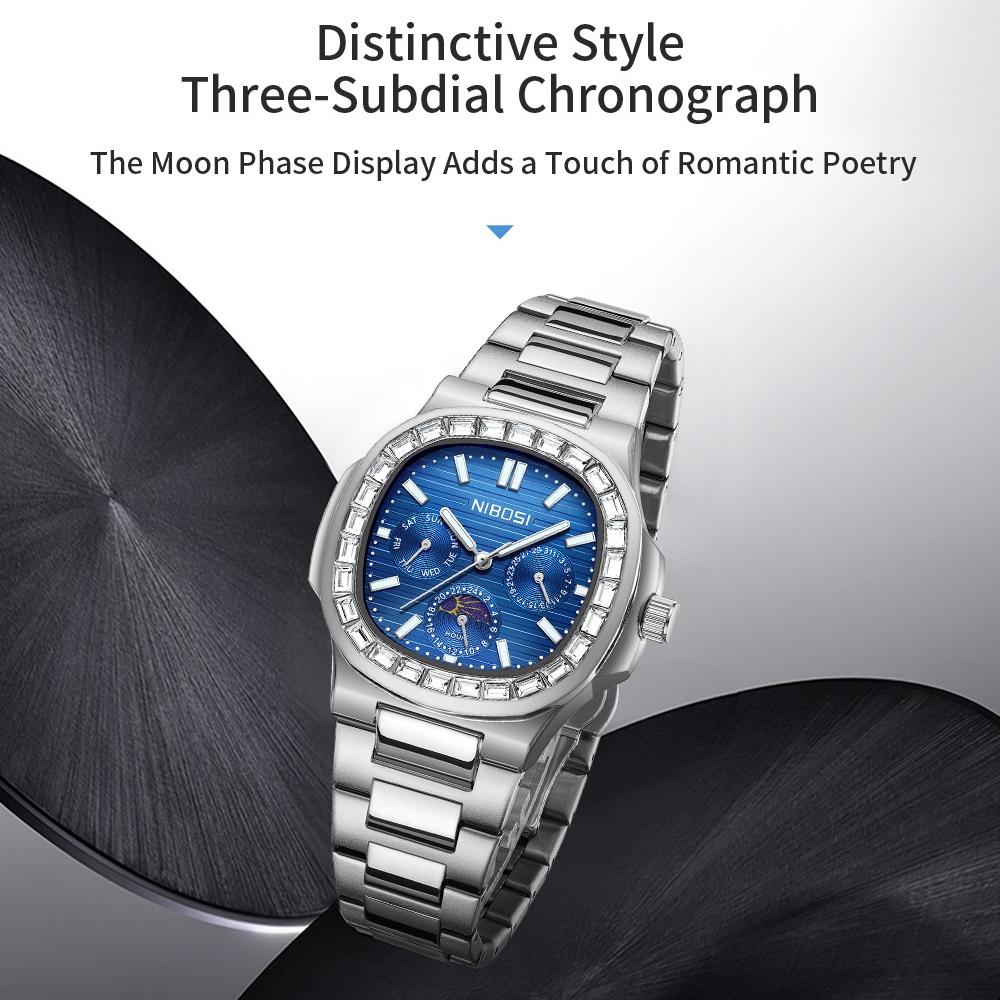 NIBOSI Brand Luxury Men Quartz Watch Waterproof Luminous Chronograph Clock Moon Phase Male Fashion Watches Man Relogio Masculino