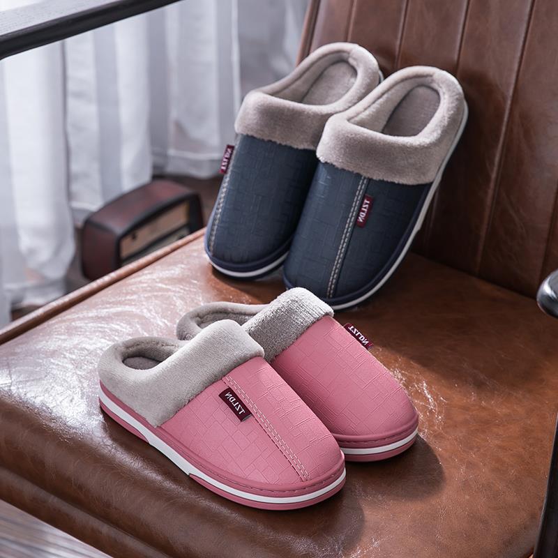 Модные мужские тапочки большого размера 47 48 50 зимние теплые домашние 2024 новые плюшевые водонепроницаемые ПУ кожаные домашние женские хлопковые туфли