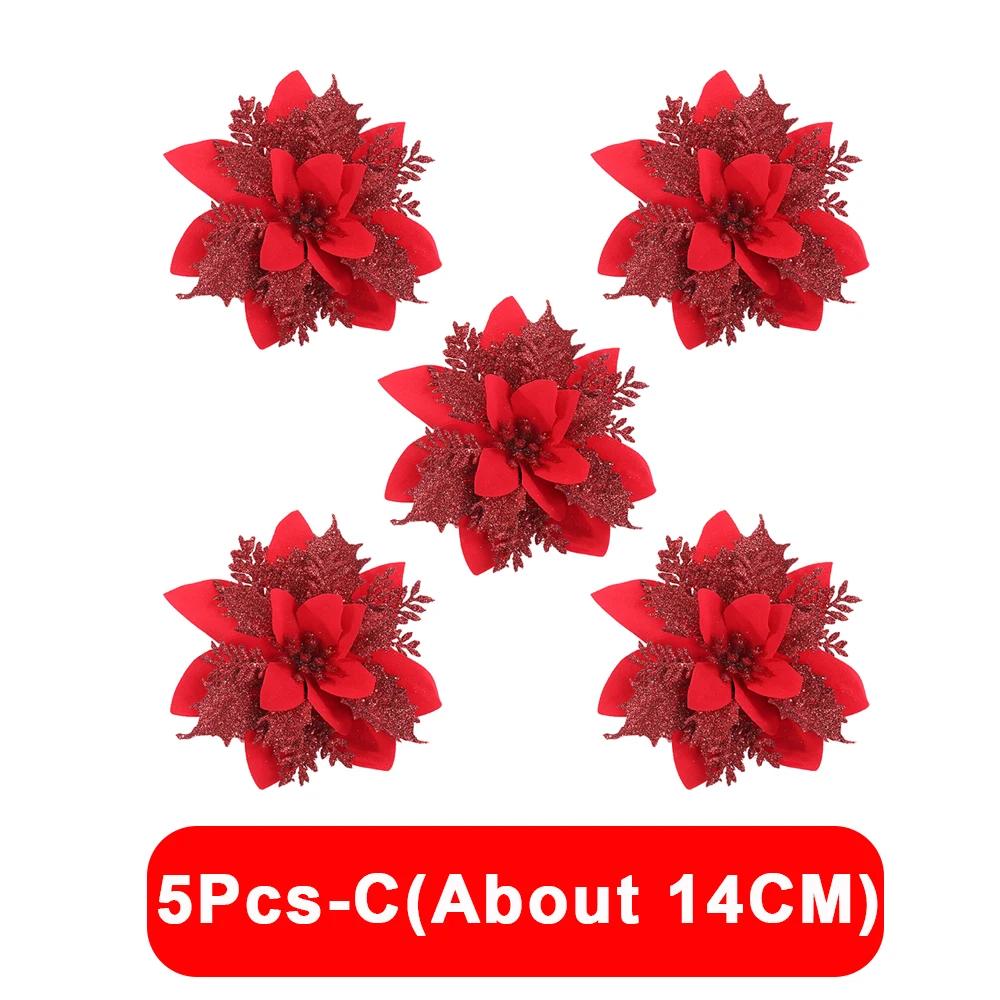 5/1Pcs Christmas Glitter Artificial Flowers DIY Christmas Tree Hanging Ornaments Fake Flower For Xmas New Year Party Decor Gifts