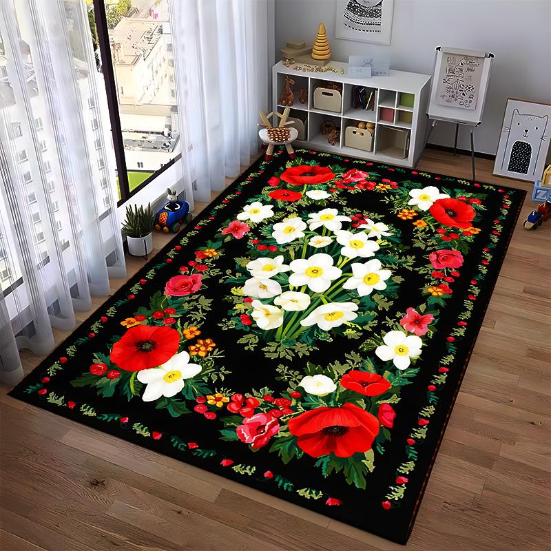 Floral Pattern Carpet with Red and White Blossoms on Black Background Suitable for use as an anti-slip for living room bedroom sofas